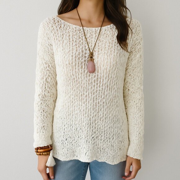 Katherine Barclay Sweaters - Womens S/M Ivory Open Knit Sheer Chiffon Back Sweater Boho Layered Festival